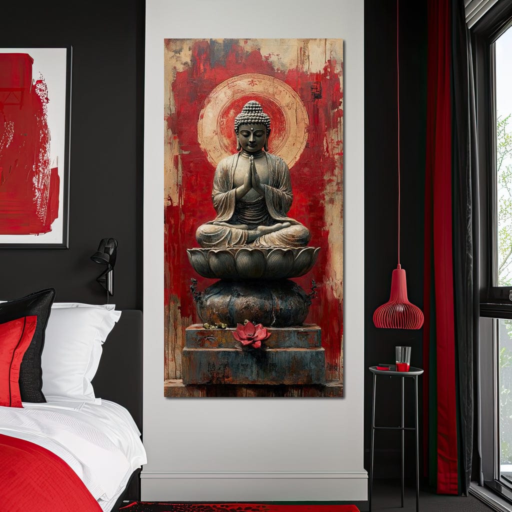 Tablou Canvas Premium LuxCanva® I148, Esenta Zen, Buddha, Zen, Meditatie, Yoga, Lotus, Aura, Spiritualitate, Armonie, Rugaciune, Pace Interioara, Rosu, Living, Dormitor