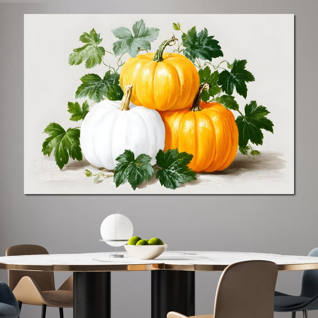 tablou canvas cu trei dovleci cu frunze, pe fundal alb