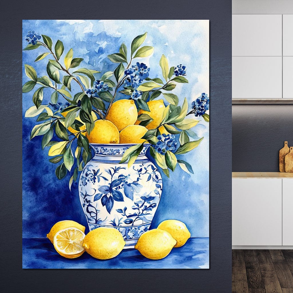 talou canvas cu o vaza albastra cu lamai si zambile, pe fundal pictat in nuante de albastru