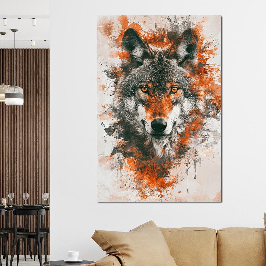 tablou canvas cu un cap de lup cu ochii rosii, pe fundal deschis pictat cu accente rosii si negre