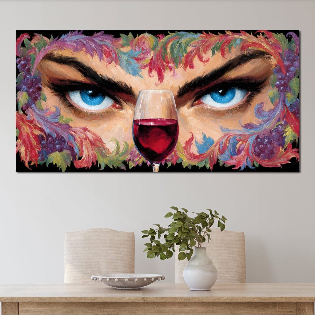 tablou canvas cu ochi albastri privind un pahar de vin rosu, intr-un cadru cu flori multicolore si struguri