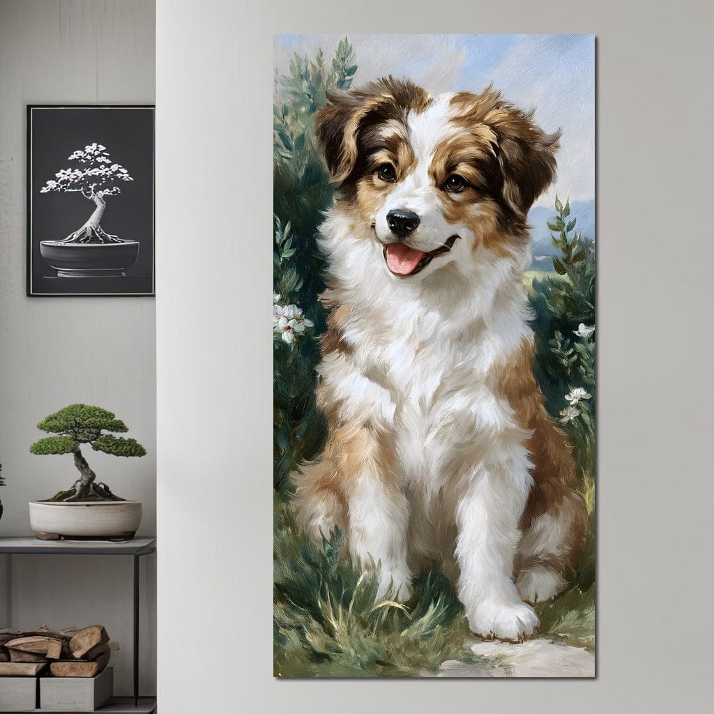 tablou canvas cu un catel blanos, pictat realist in nuante calde de maro si alb, intr-un decor natural cu frunze si flori