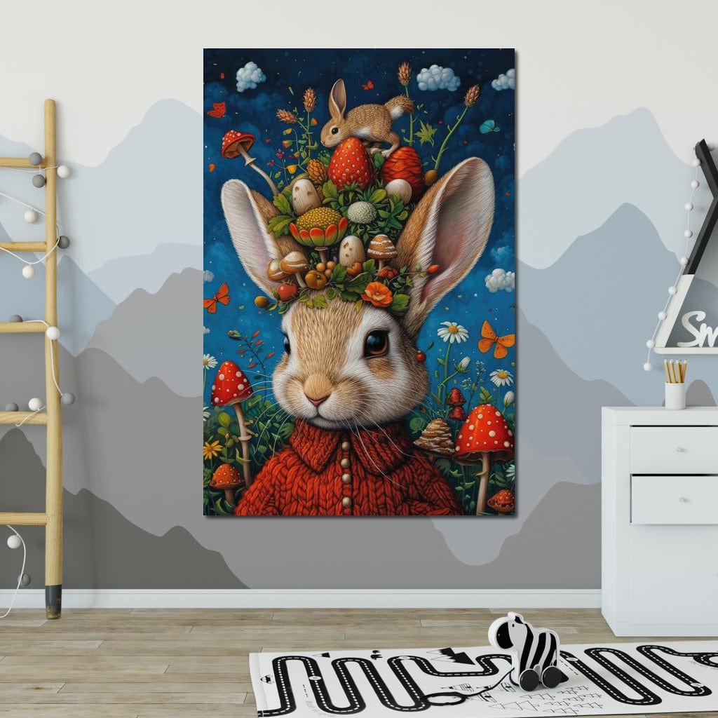 Tablou Canvas Premium, LuxCanva® K1006, Iepurasul Si Gradina Magica, Padurar, Palarie, Fermecata, Print, Padure, Ciupercute, Norisori, Capsuni, Basm, Decor, Camera Copii