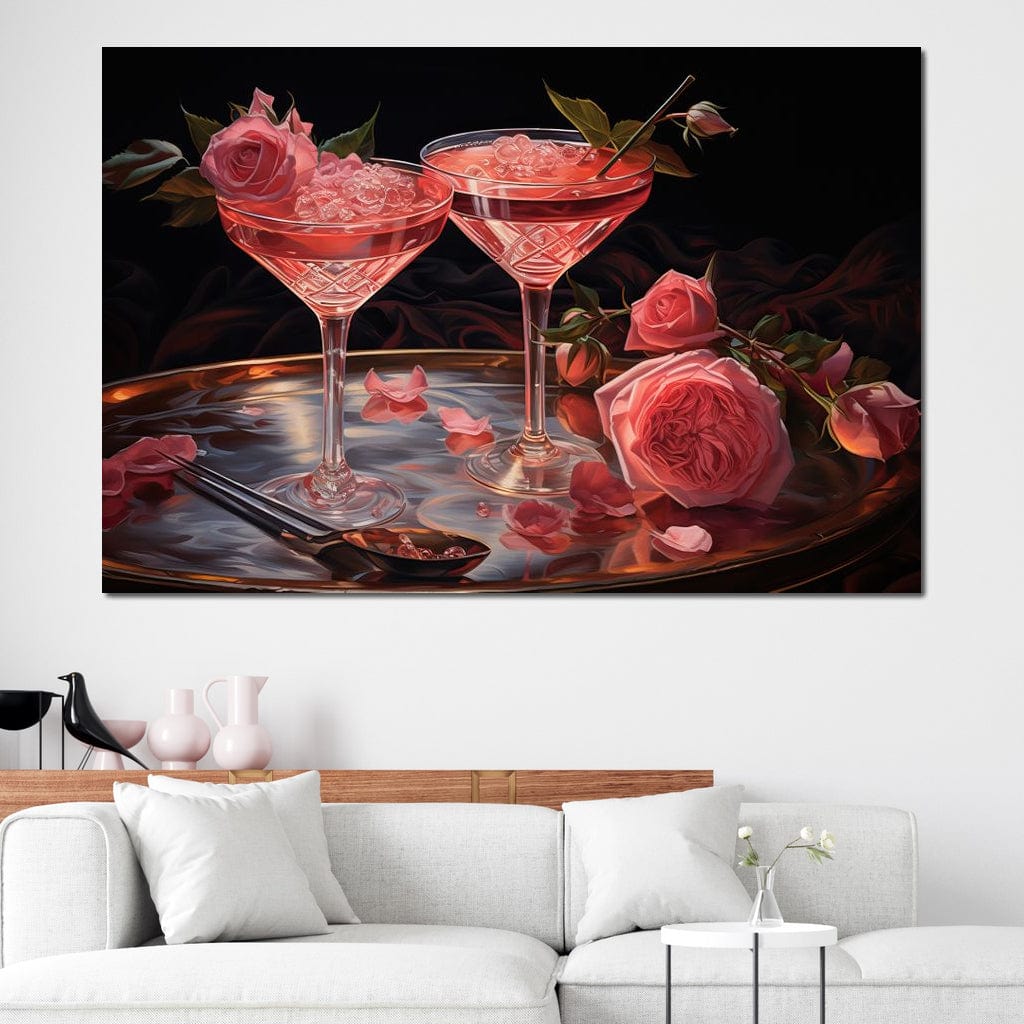 tablou canvas cu doua pahare de cocktail roz, decorate cu trandafiri si petale romantice