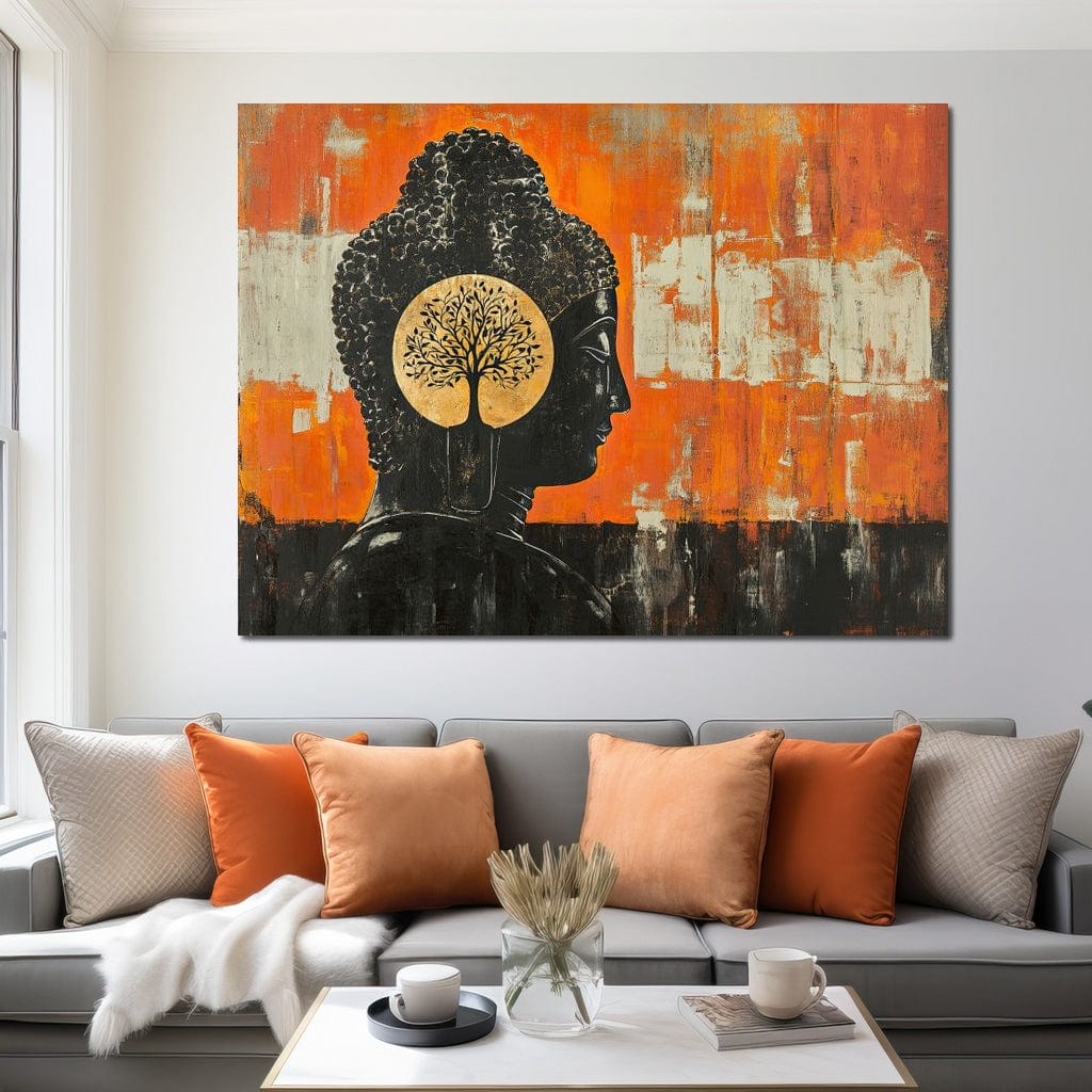 Tablou Canvas Premium, LuxCanva® I147, Pacea Mintii, Buddha, Zen, Liniste, Intelepciune, Copac, Ramuri, Profil, Arta Sacra, Meditatie, Armonie, Portocaliu, Living, Dormitor