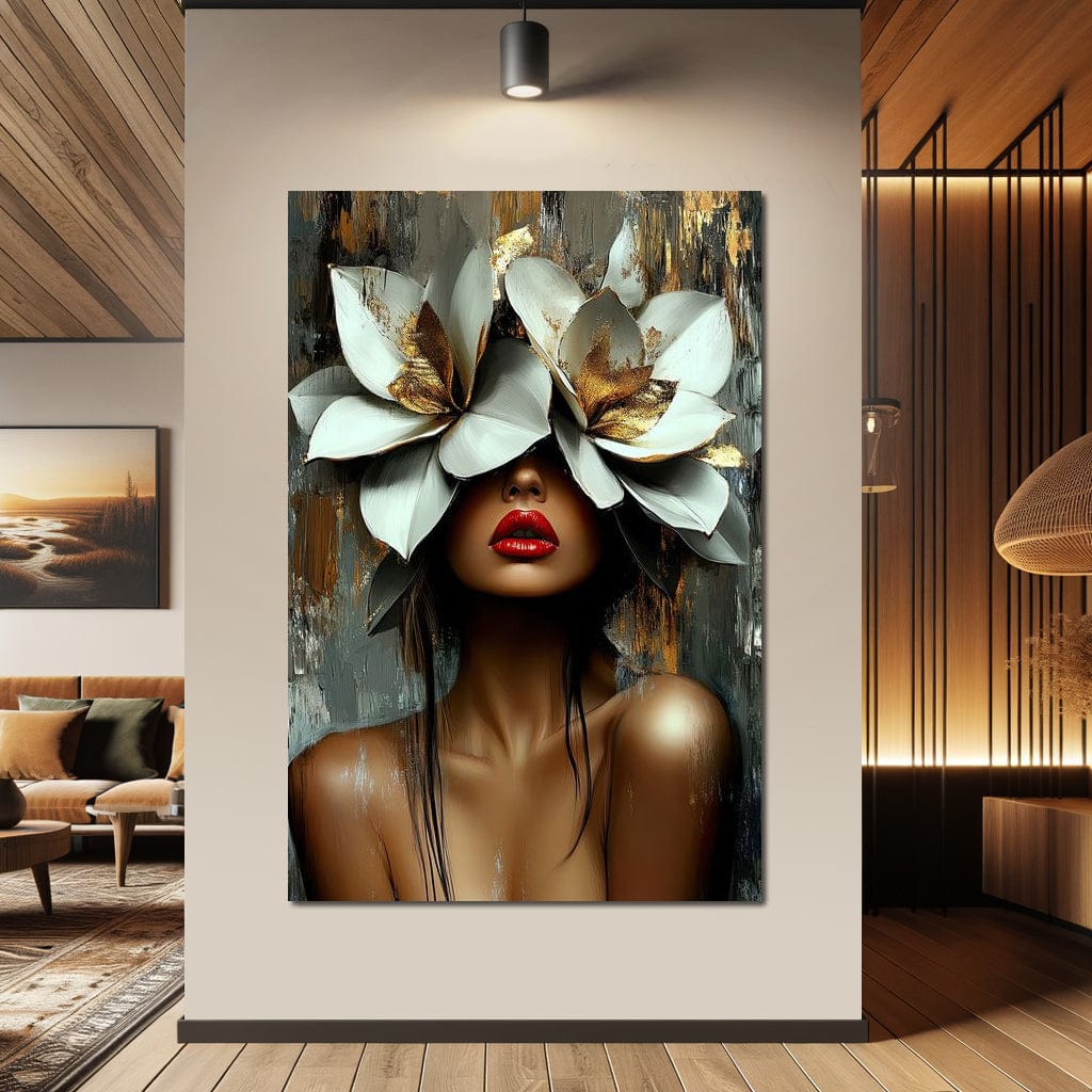 Tablou Canvas Premium, LuxCanva® G1186, Sub Corola Visului, Auriu, Rosu, Feminitate, Gratie, Mister, Floral, Senzualitate, Exotic, Petale, Oniric, Renastere, Vis, Birou, Living, Dormitor