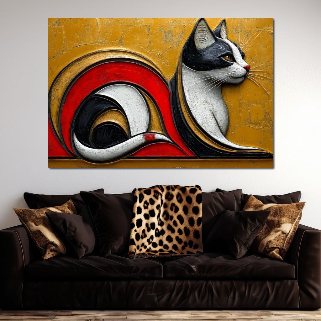 tablou canvas cu o pisica redata in linii curbe abstracte, pe tonuri calde de auriu si rosu