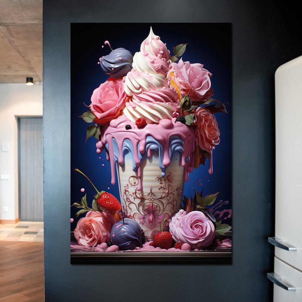 tablou canvas cu un pahar cu inghetata glazurata, bezele cu fructe si trandafiri roz