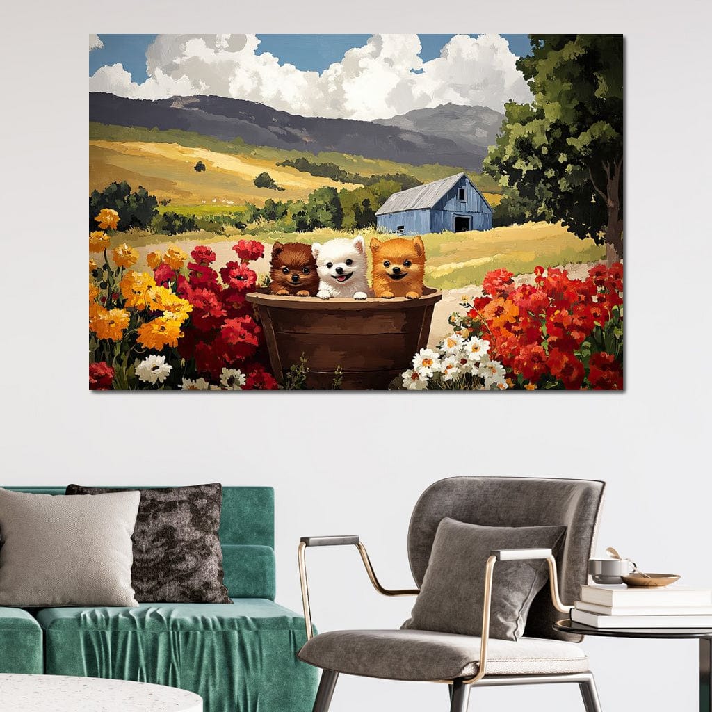 tablou canvas cu trei catelusi intr-un butoias de lemn in mijlocul unei gradini inflorite, pe fundal de dealuri aurii si un h