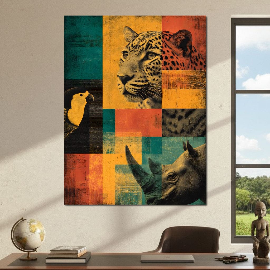 Tablou Canvas Premium, LuxCanva® M1482, Glorie Tropicala, Animale, Leopard, Rinocer, Pasare, Jungla, Exotic, Salbaticie, Dormitor, Birou, Living, Camera Copil