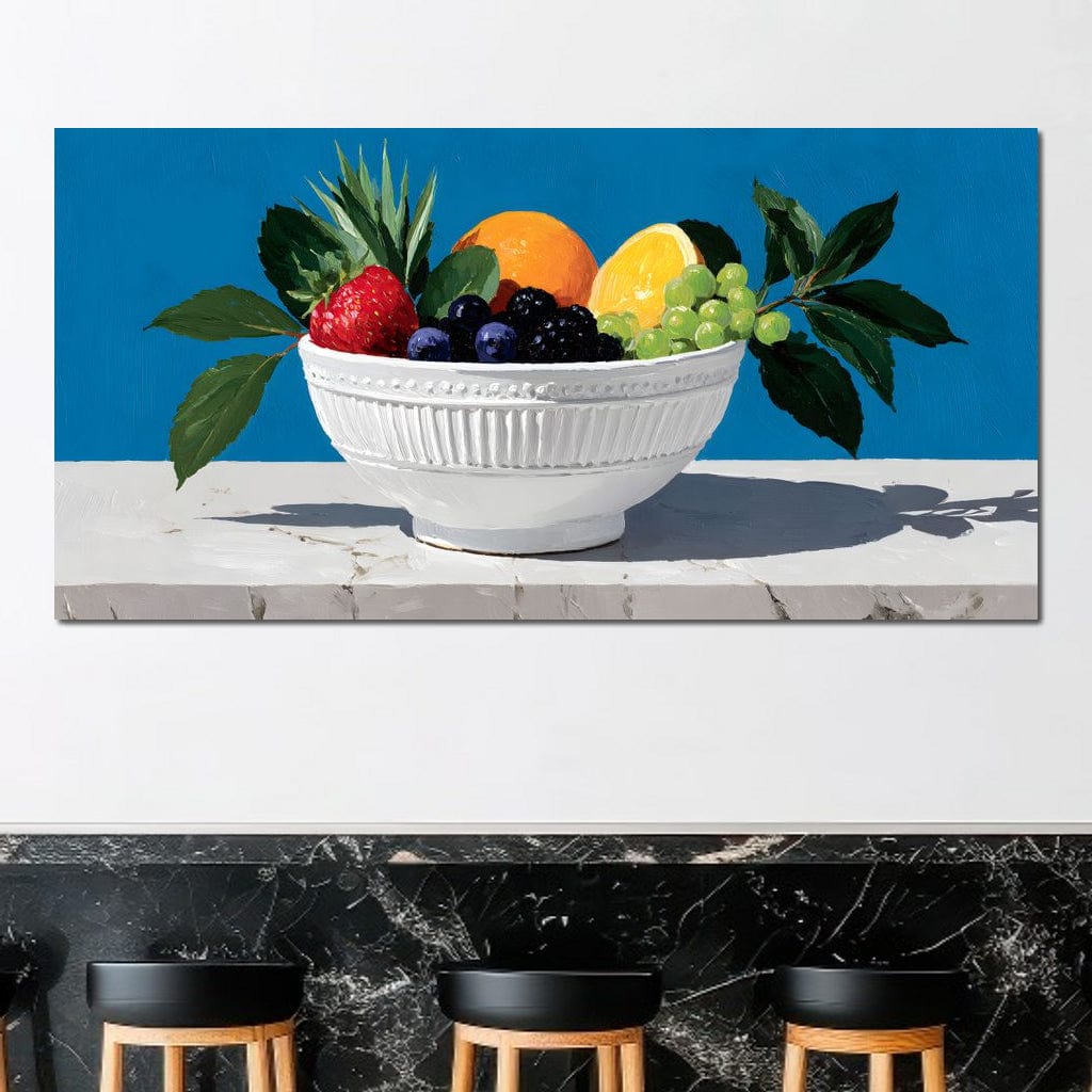 tablou canvas cu un bol alb in stil vintage, plin cu fructe proaspete, pe fundal albastru