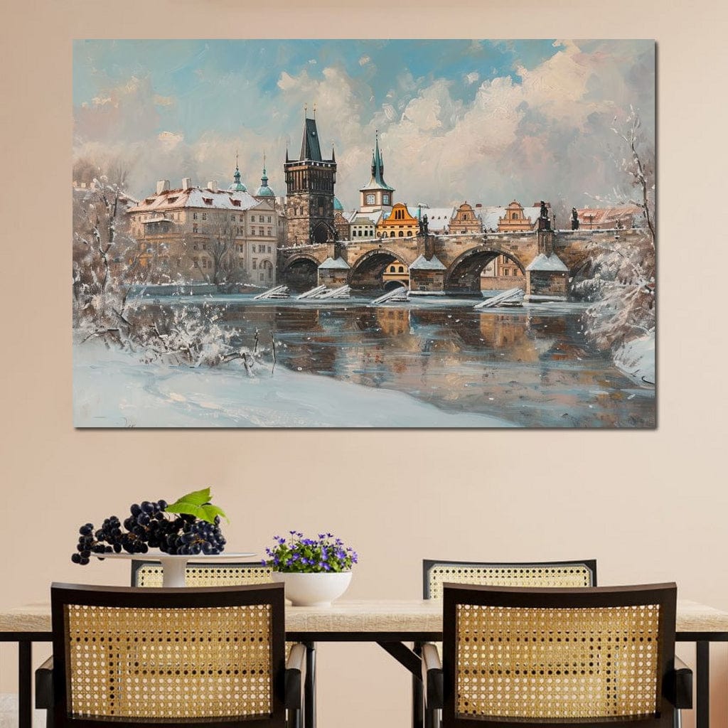 Tablou Canvas Premium, LuxCanva® O1044, Podul Carol in Zapada, Praga, Iarna, Magie, Ceh, Poveste, Farmec, Medieval, Cladire, Istorie, Capitala, Turn, Gotic, Armonie, Frumos, Birou, Living, Dormitor