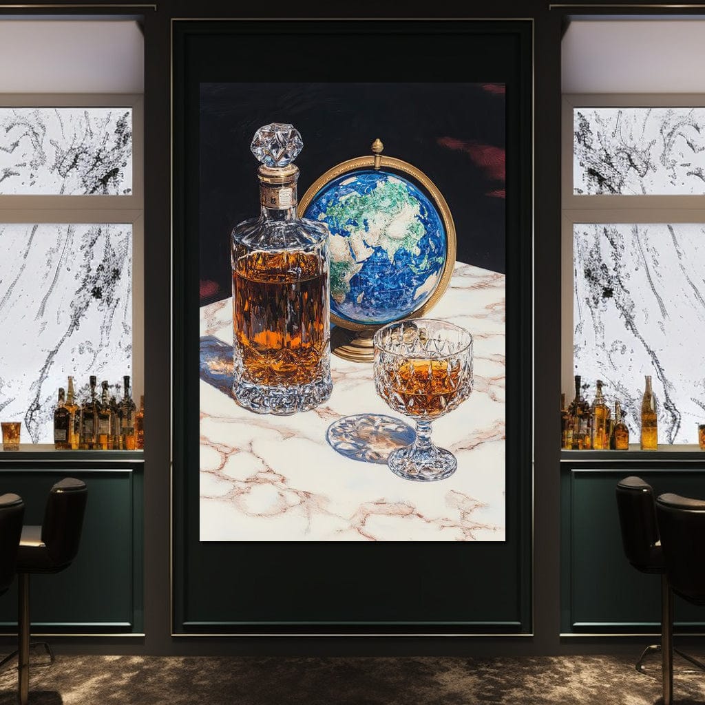 tablou canvas cu o sticla si un pahar de whiskey, pe o masa de marmura alba, langa o decoratiune reprezentand globul pamantesc