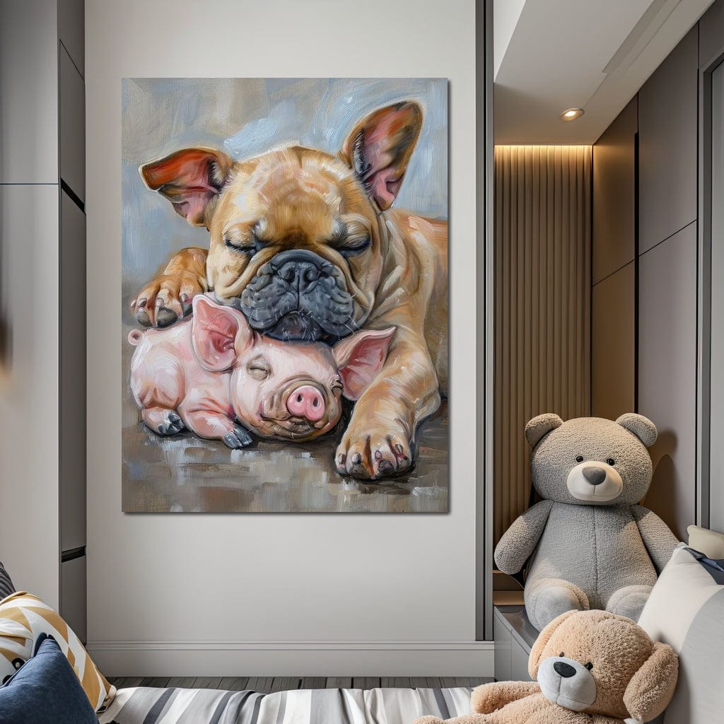tablou canvas cu un bulldog si un purcelus roz dormind profund, pe fundal abstract stil pictura in acuarela