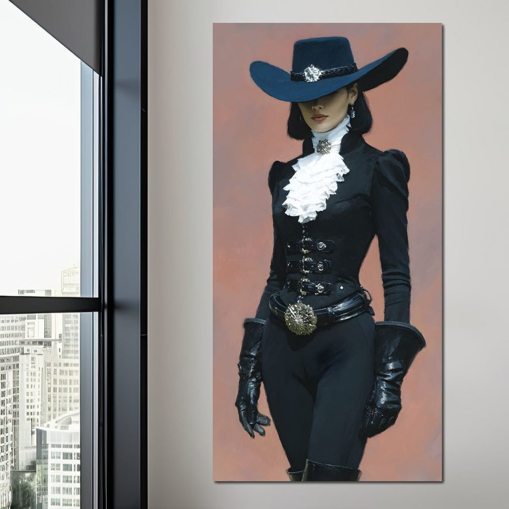 Tablou Canvas Premium, LuxCanva® G1225, Aristocrata Intunericului, Eleganta, Doamna, Palarie, Costum, Negru, Manusi, Mister, Puternica, Rafinata, Autoritara, Lux, Cavaleresc, Salon, Birou, Living, Dormitor