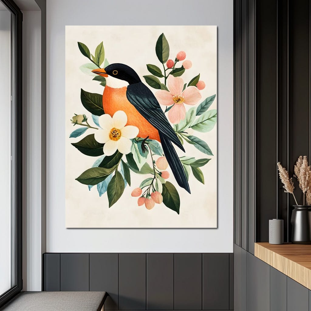 tablou canvas cu o pasare cu penaj portocaliu si negru, asezata printre flori roz si albe pe fundal luminos