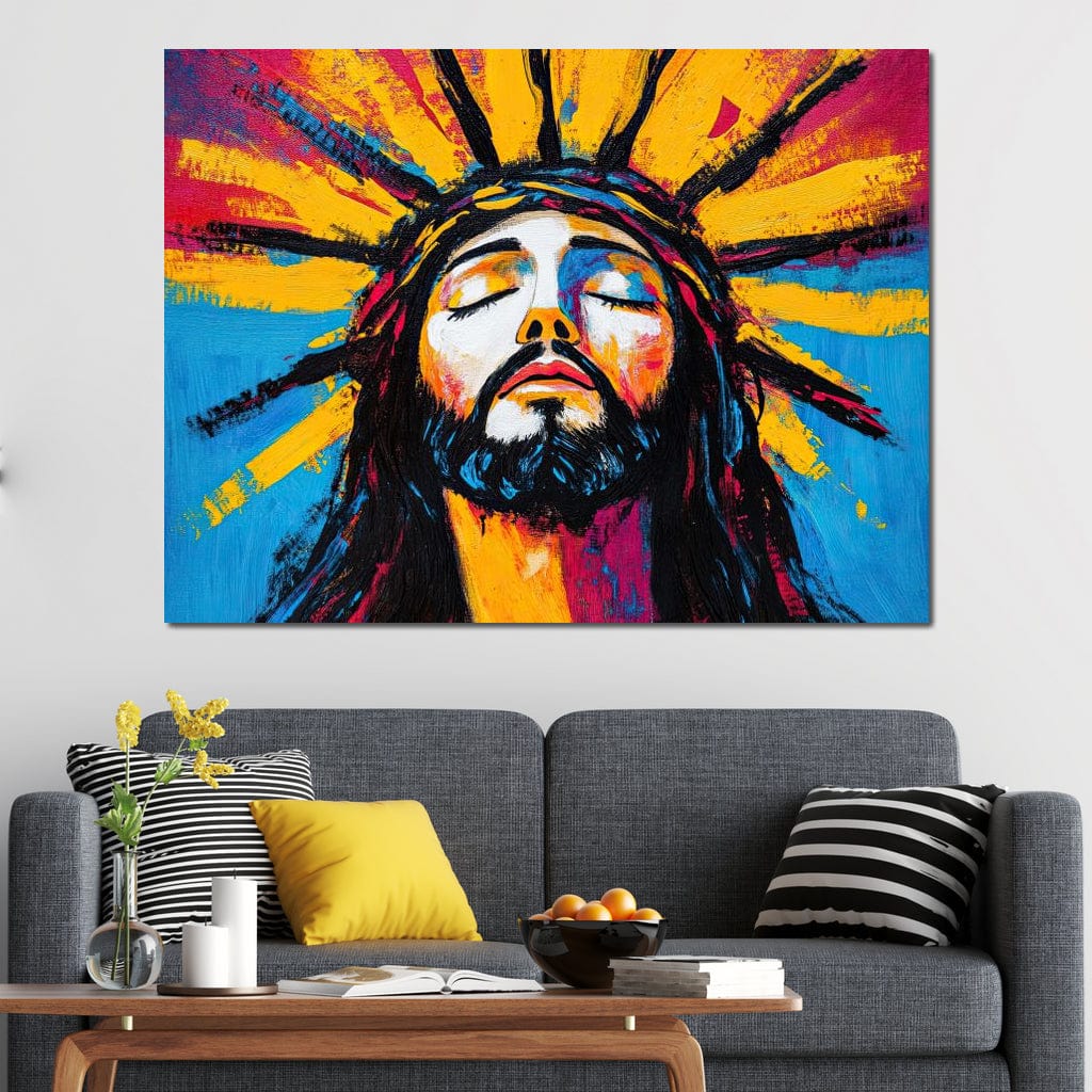 Tablou Canvas Premium LuxCanva® H1062, Sacrificiu Etern, Iisus, Contemplare, Pace Interioara, Coroana de Spini, Cer, Chip, Arta Religioasa Moderna, Living, Dormitor