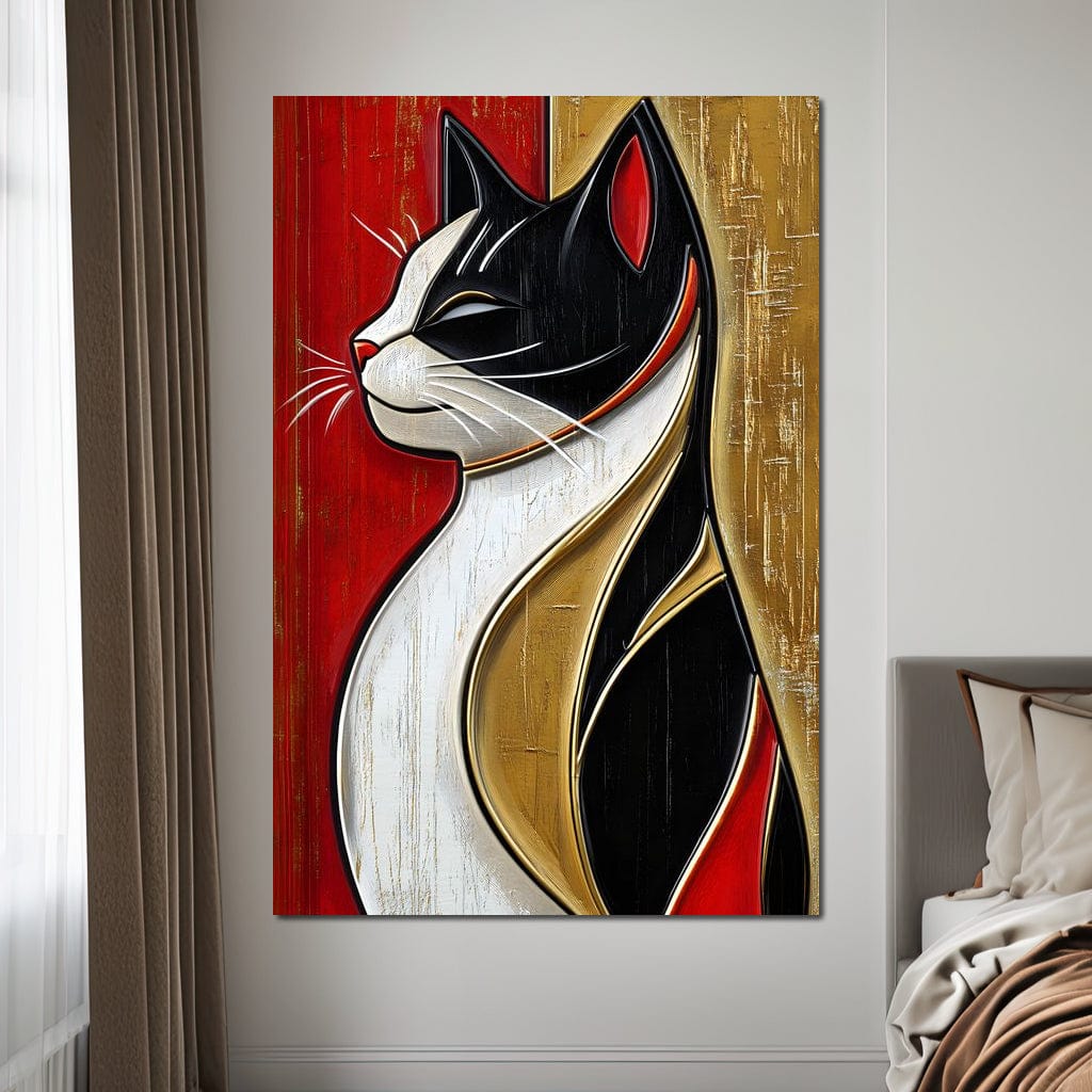 tablou canvas cu portretul elegant al unei pisici, surprinsa din profil in linii abstracte pe tonuri calde de auriu, negru si rosu