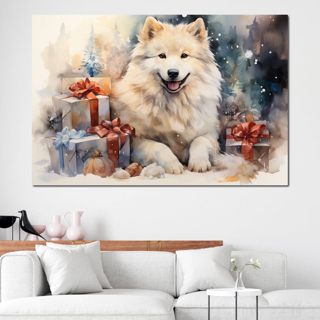 Tablou Canvas Premium LuxCanva® D1034, Un Samoyed in Dar , Caine, Blana, Bej, Cutii, Cadouri, Latrat, Camera Copii, Culori vibrante