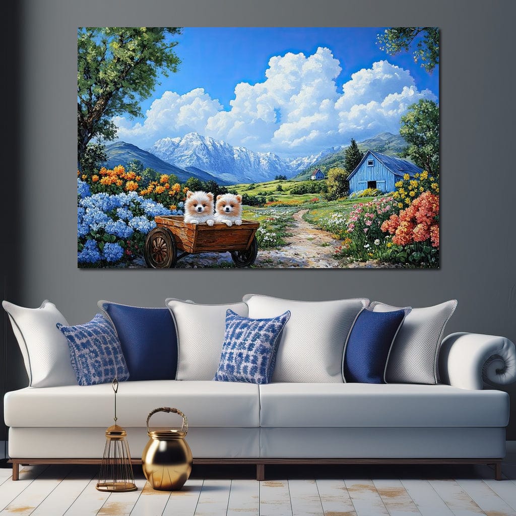 tablou canvas cu doi catei pufosi intr-o roaba de lemn, in mijlocul unei gradini florale montane sub cer senin cu nori pufosi si peisaj rustic