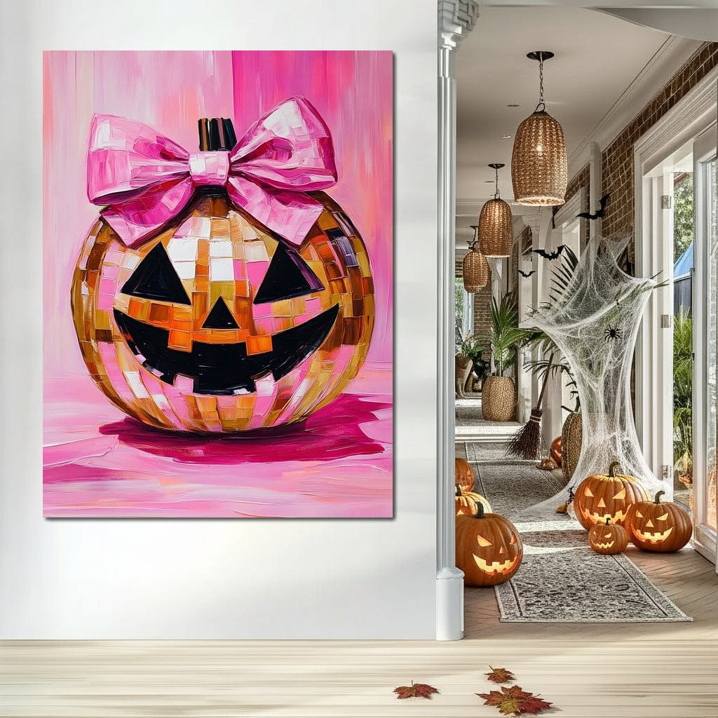 tablou canvas cu un dovleac decorat de Halloween cu fundita roz, pe fundal roz aprins