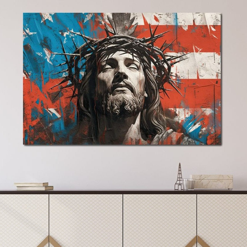 Tablou Canvas Premium LuxCanva® H1046, Sacrificiu si Natiune, Patriotism, Drapel, Libertate, Coroana de Spini, Sacrificiu, Mantuire, Arta Religioasa, Living, Dormitor
