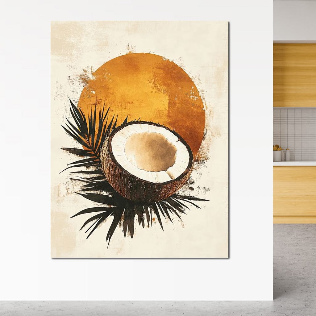 tablou canvas cu o nuca de cocos pe frunze de palmier, pe fundal deschis cu un cerc auriu