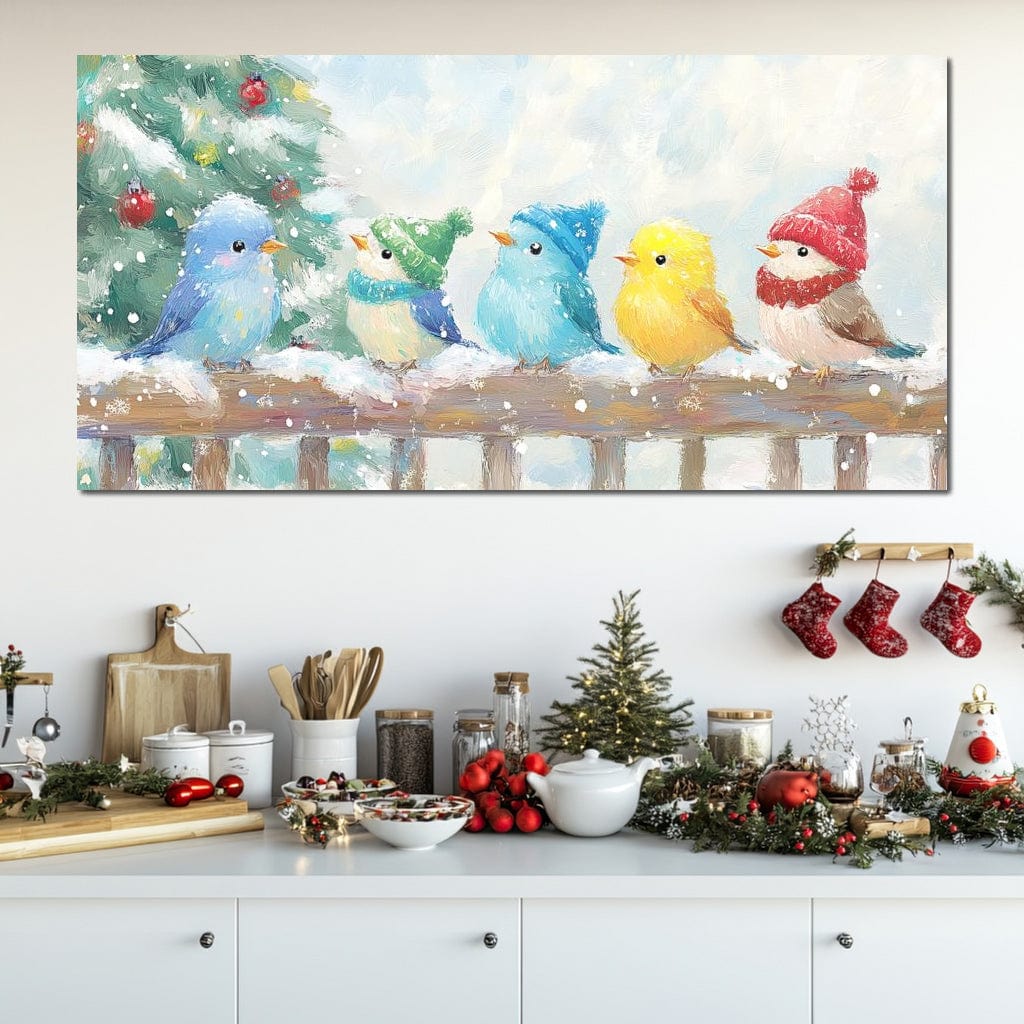 Tablou Canvas Premium LuxCanva® D1044, Pasarele in Straie de Iarna , Vrabiute, Iernatica, Veselie, Cantec, Prietenie, Living Room, Culori vibrante