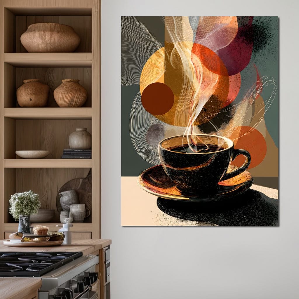 tablou canvas cu o ceasca de cafea espresso fierbinte, cu aburi, pe fundal abstract inchis cu forme nuante calde 