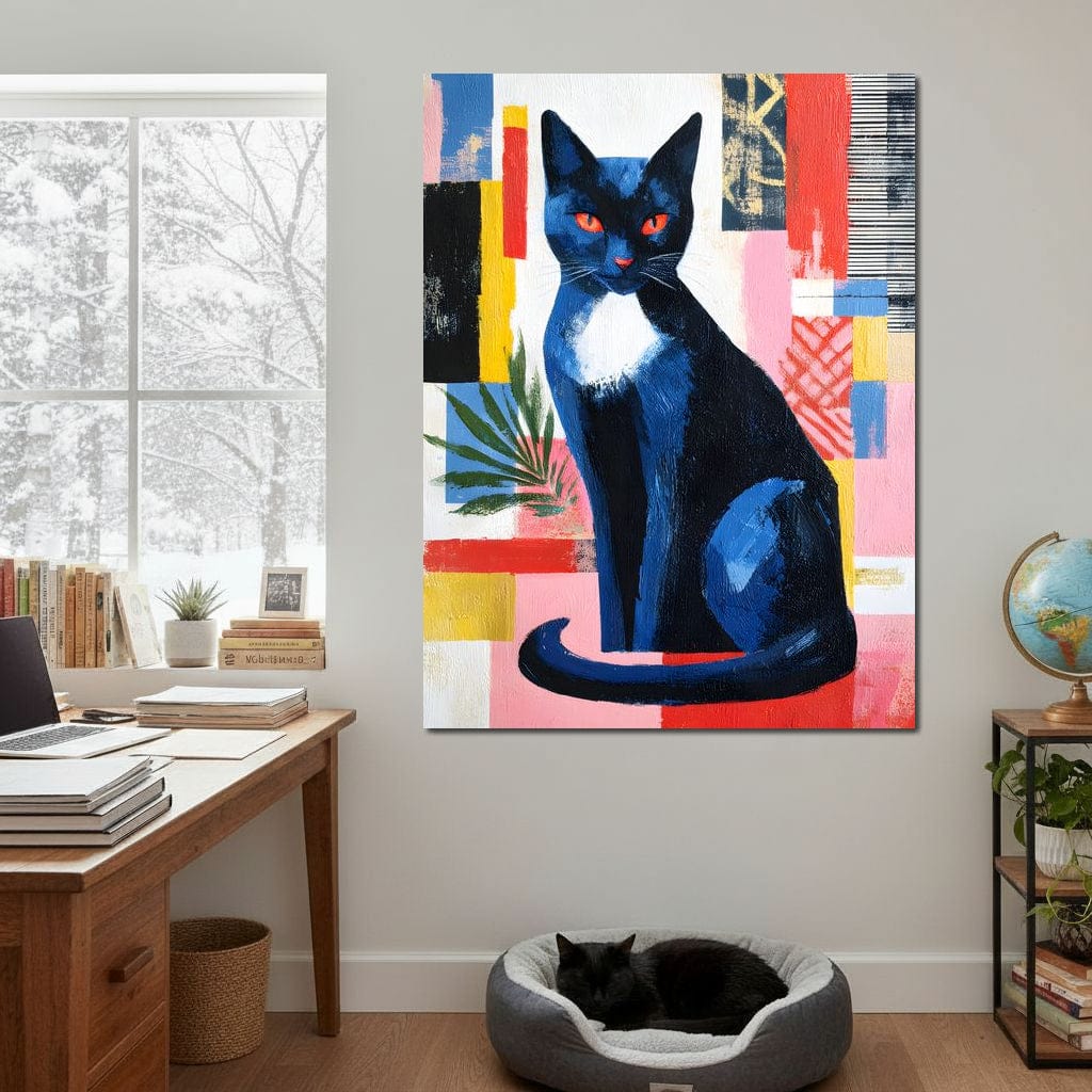 tablou canvas cu o pisica neagra cu ochii rosii, pe fundal abstract multicolor