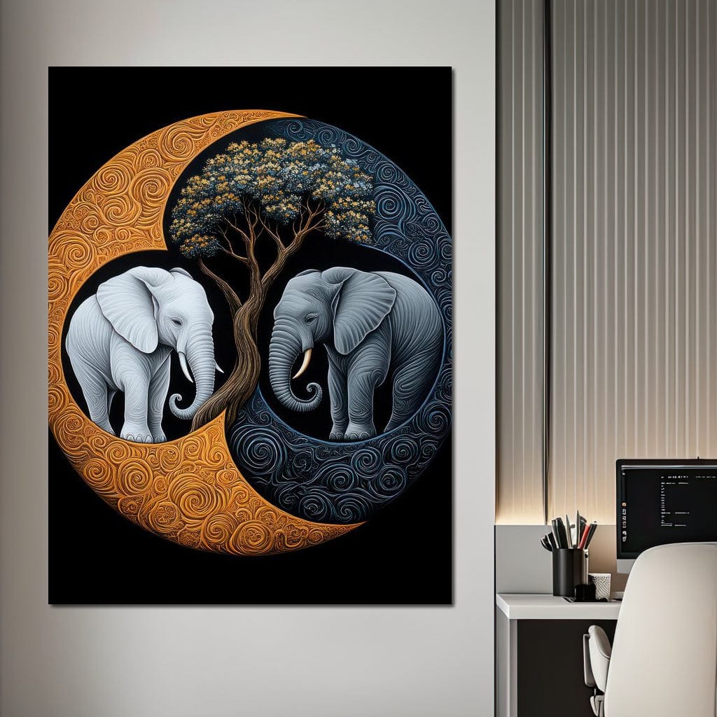 Tablou Canvas Premium, LuxCanva® M1317, Sub Copacul Vietii, Yin si Yang, Elefanti, Echilibru, Zen, Copac, Intelepciune, Conexiune, Meditatie, Natura, Abstract, Birou, Living, Camera Copil
