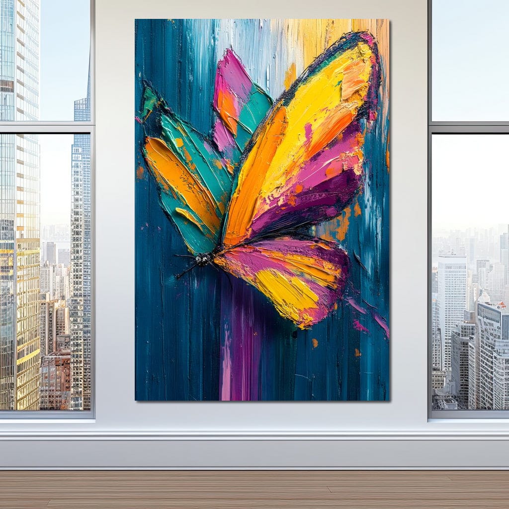 tablou canvas cu un fluture multicolor, pe fundal abstract pictat in vopsea groasa