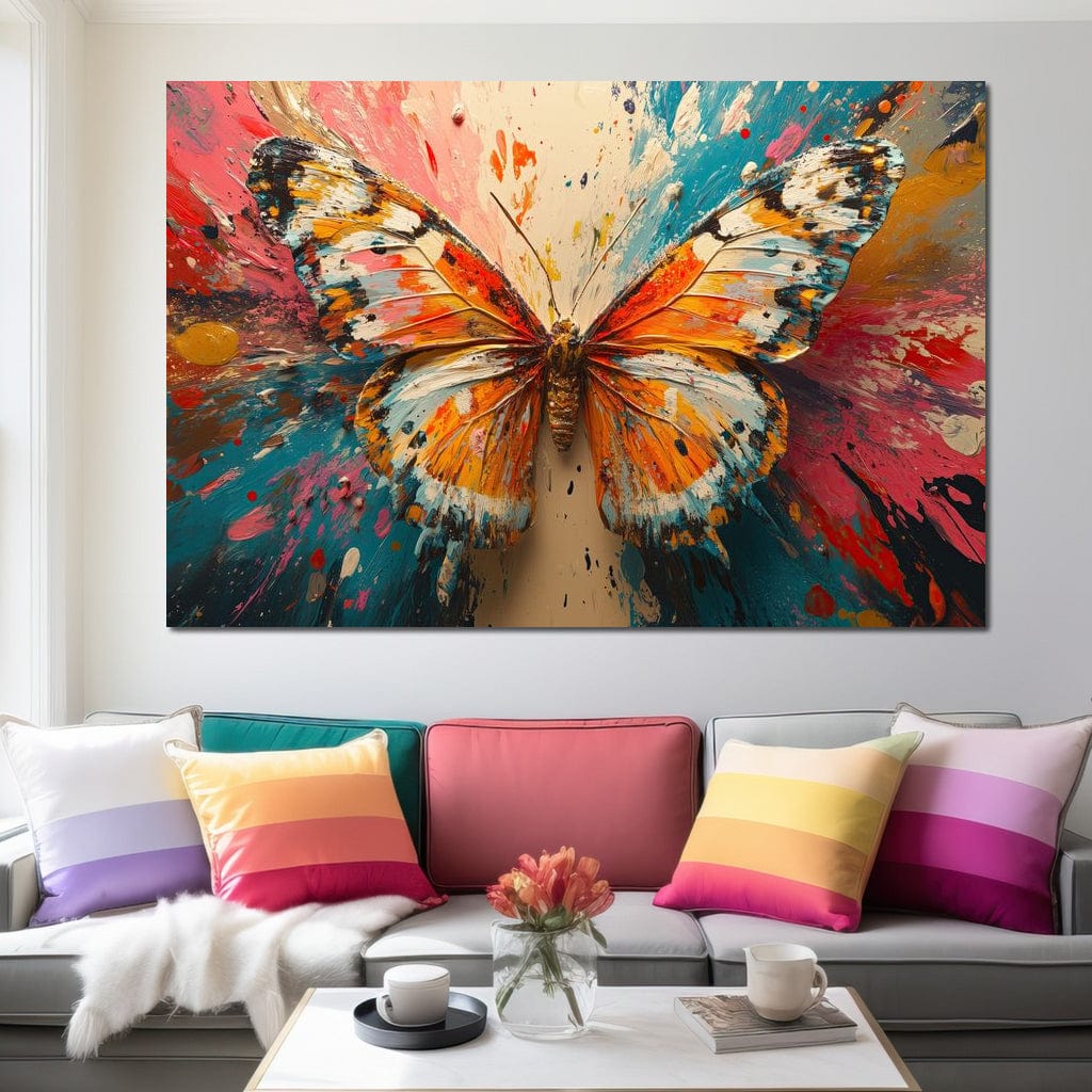 tablou canvas cu un fluture portocaliu pe fundal abstract multicolor