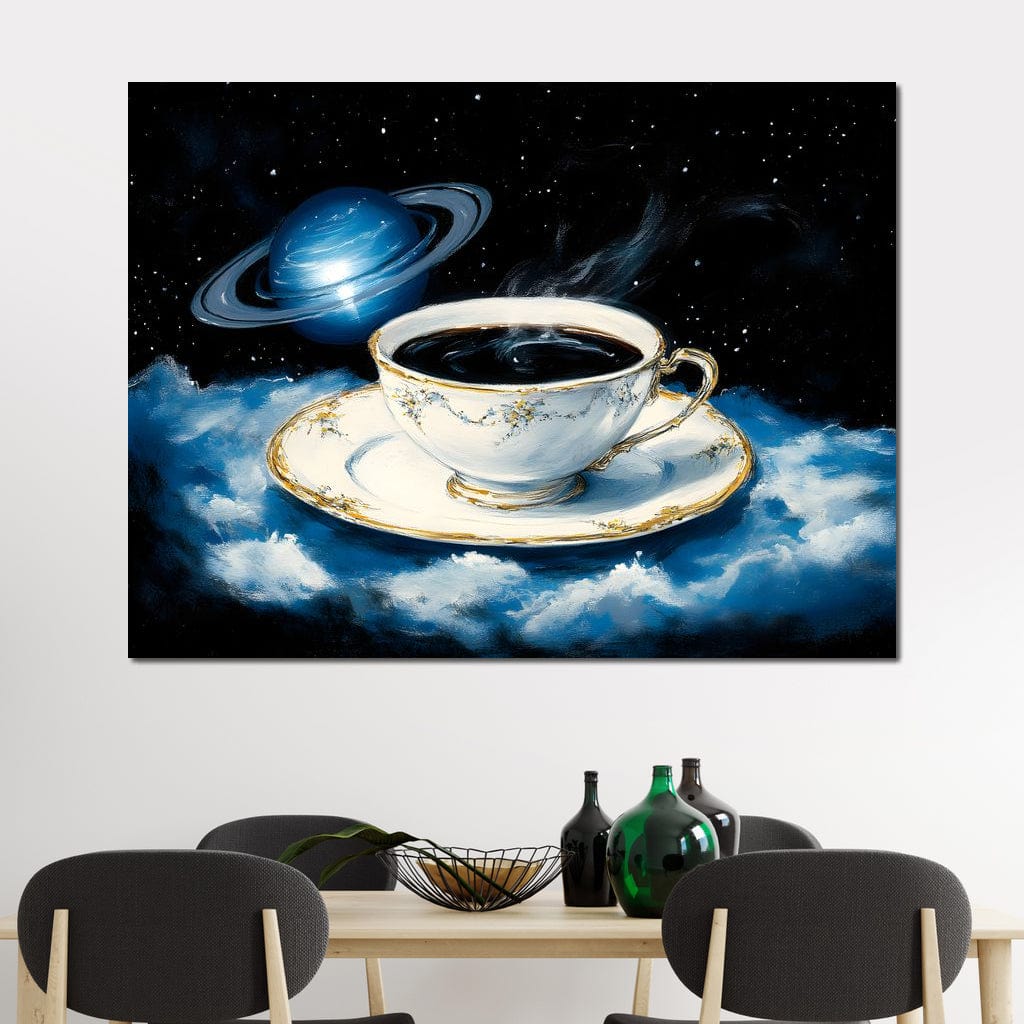 tablou canvas cu o ceasca de cafea plutind pe nori albi, pe fundal cosmic cu stele si o planeta albastra cu inele