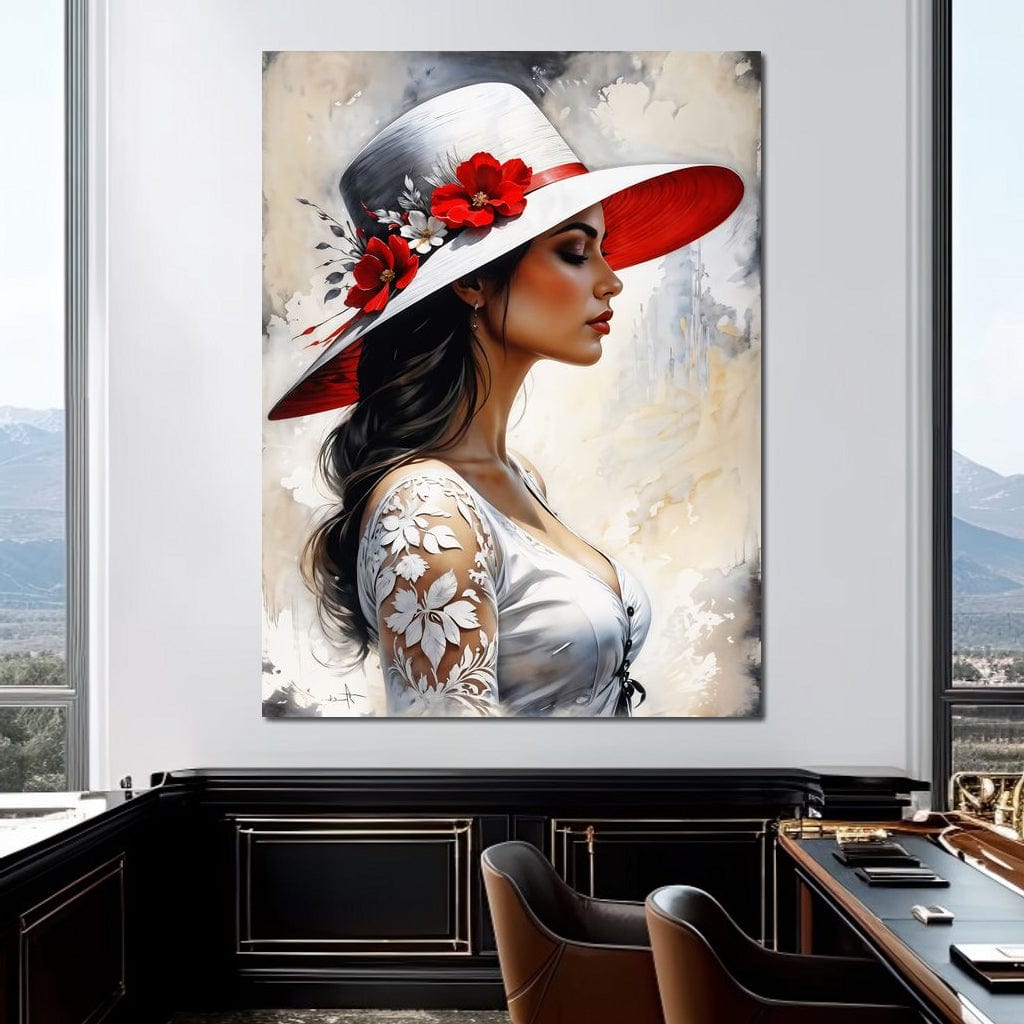 Tablou Canvas Premium, LuxCanva® G1166, Profil de Epoca, Doamna, Palarie, Alb, Rosu, Flori, Dantela, Liniste, Gratie, Romantism, Broderie, Rochie, Vintage, Gratie, Birou, Living, Dormitor