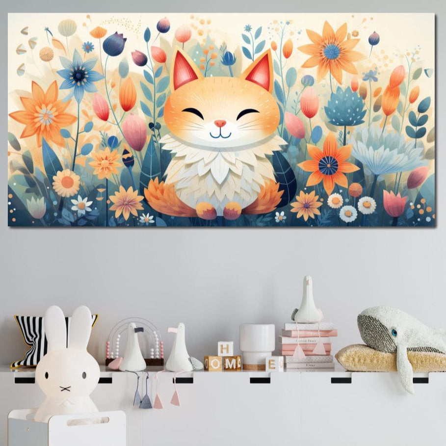 Tablou Canvas Premium, LuxCanva® K1010, Pisicuta Zen,  Gradina, Fermecata, Zambet, Flori, Felina, Fericire, Vise, Taram, Calm, Pisicuta, Blandete, Copilarie, Camera Copii