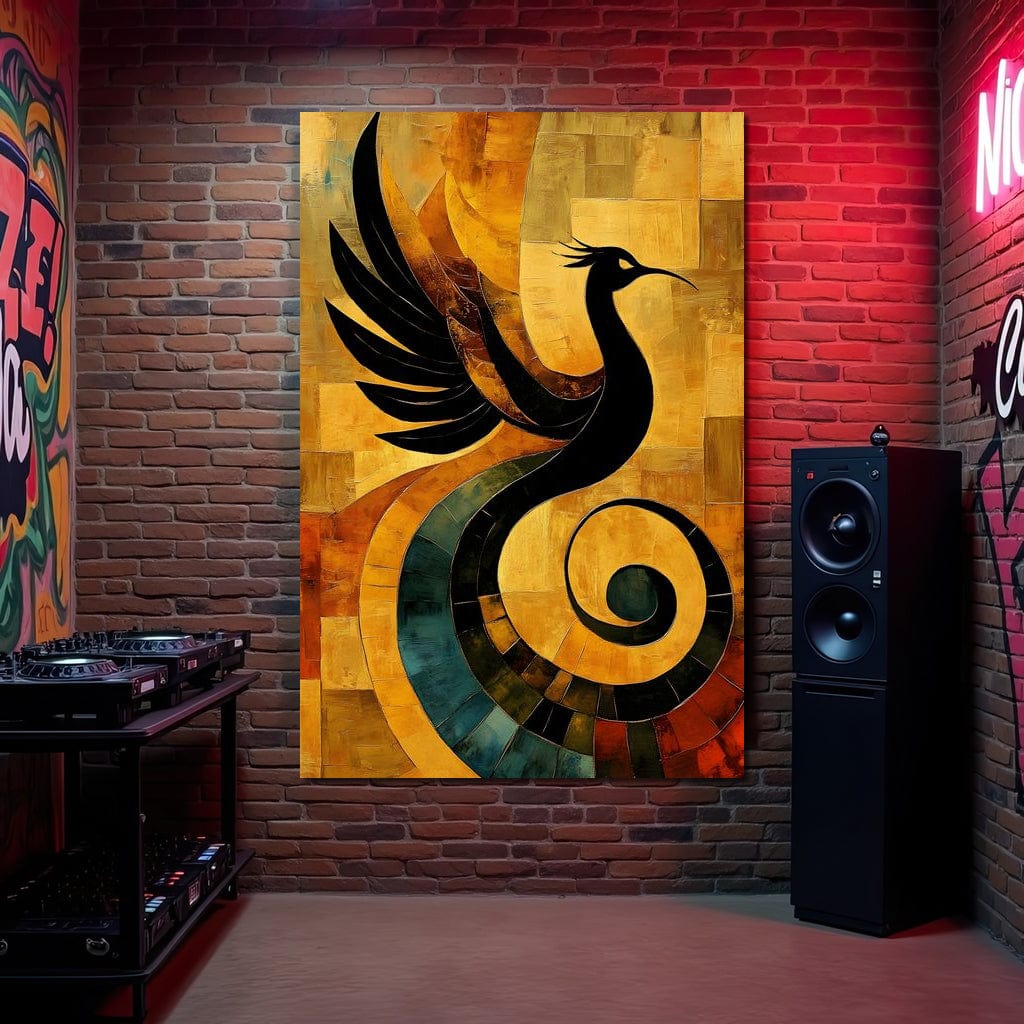 tablou canvas cu o pasare neagra stilizata pe fundal galben, rosu si portocaliu