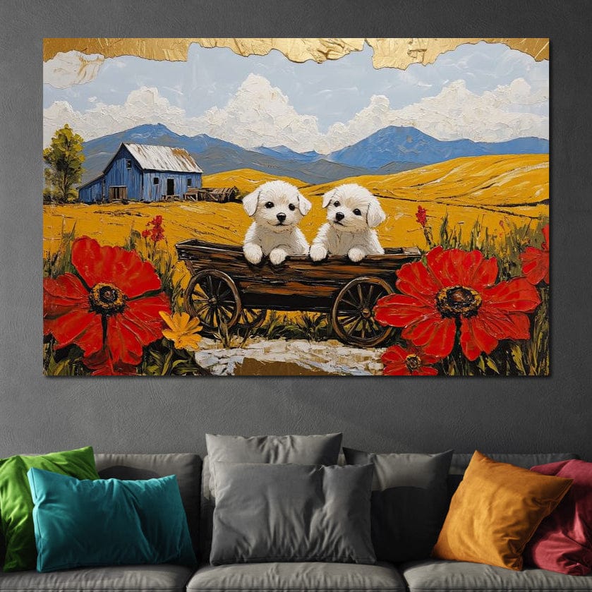 tablou canvas cu doi catelusi albi intr-un caruta de lemn rustica, in mijlocul unui lan auriu de vara, inconjurati de maci ro