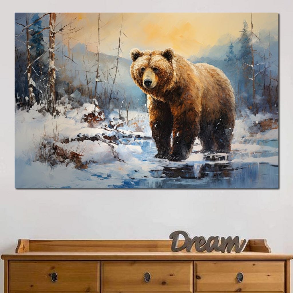 tablou canvas cu un urs intr-un peisaj montan de iarna