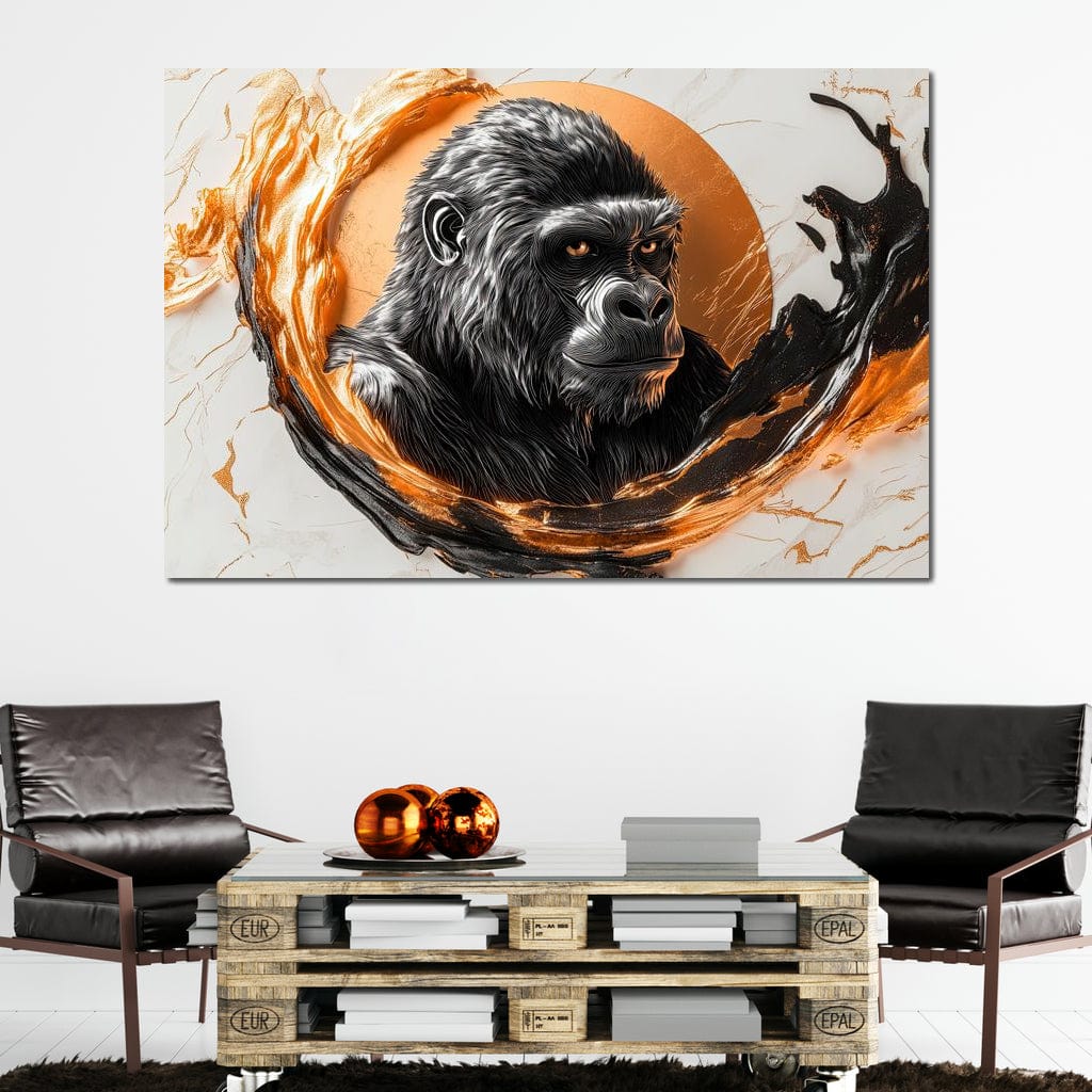 tablou canvas cu o gorila redata artistic intr-un foc lichid portocaliu si negru, in stil marmura