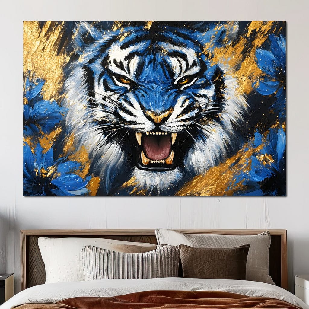 tablou canvas cu un tigru alb si albastru, pe fundal abstract cu flori colorate si accente aurii 