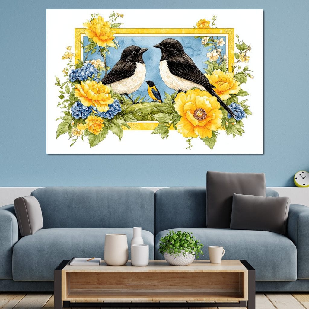 tablou canvas cu trei pasari cu penaj alb-negru si galben incadrate intr-o rama de flori albastre si galbene pe fundal decorativ