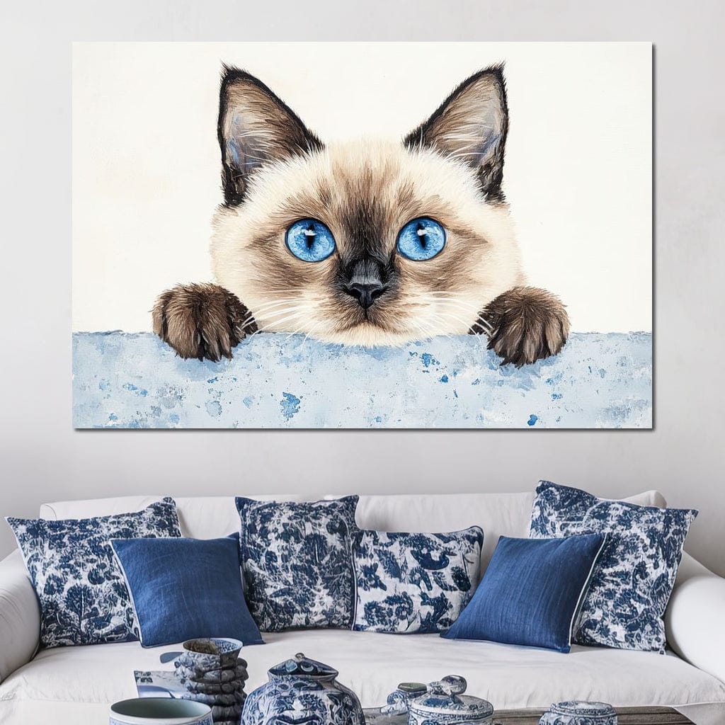 tablou canvas cu o pisica siameza cu ochi albastri, pe fundal deschis si simplist