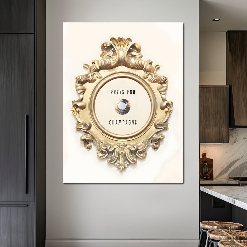 tablou canvas cu un buton si un text intr-un ornament auriu, pe fundal deschis