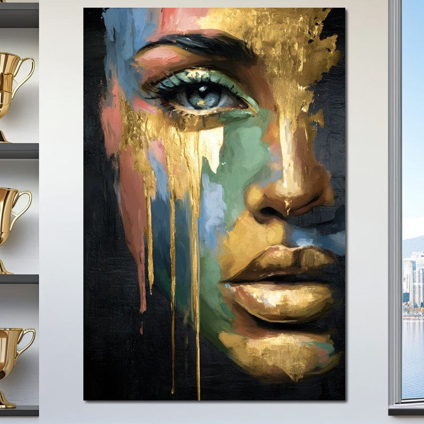 Tablou Canvas Premium, LuxCanva® G1238, Femeia in Aur Topit, Aur, Metalic, Forta, Auriu, Lux, Privire, Intens, Chip, Feminin, Decorativ, Frumusete, Colorat, Abstract, Lumina, Salon, Living, Dormitor