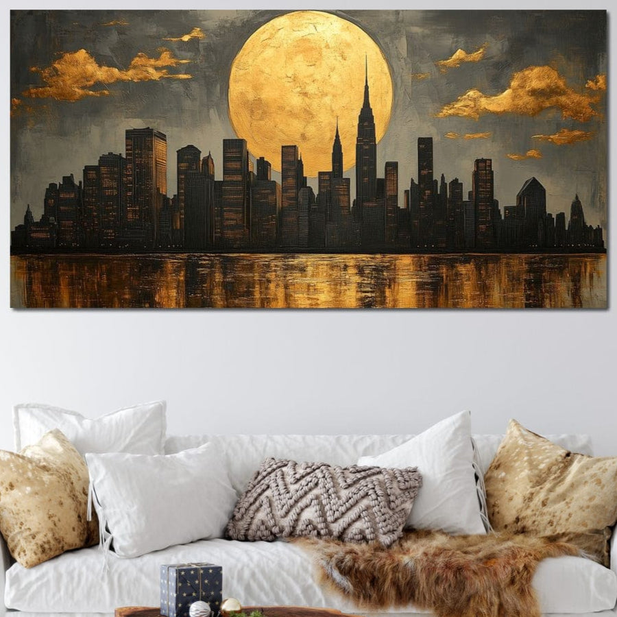 Tablou Canvas Premium, LuxCanva® O1019, Eclipsa Urbana, Flacari, Lumina, Metropola, Oglinda, Apa, Cladiri, Stralucire, Cer, Ziduri, Auriu, Apogeu, Priveliste, Reflexie, Mister, Birou, Living, Dormitor