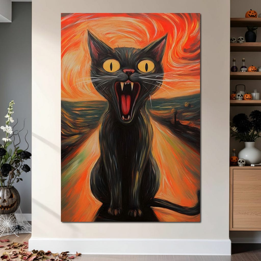 tablou canvas cu o pisica neagra speriata, pe fundal specific expresionismului, pictat in nuante calde 