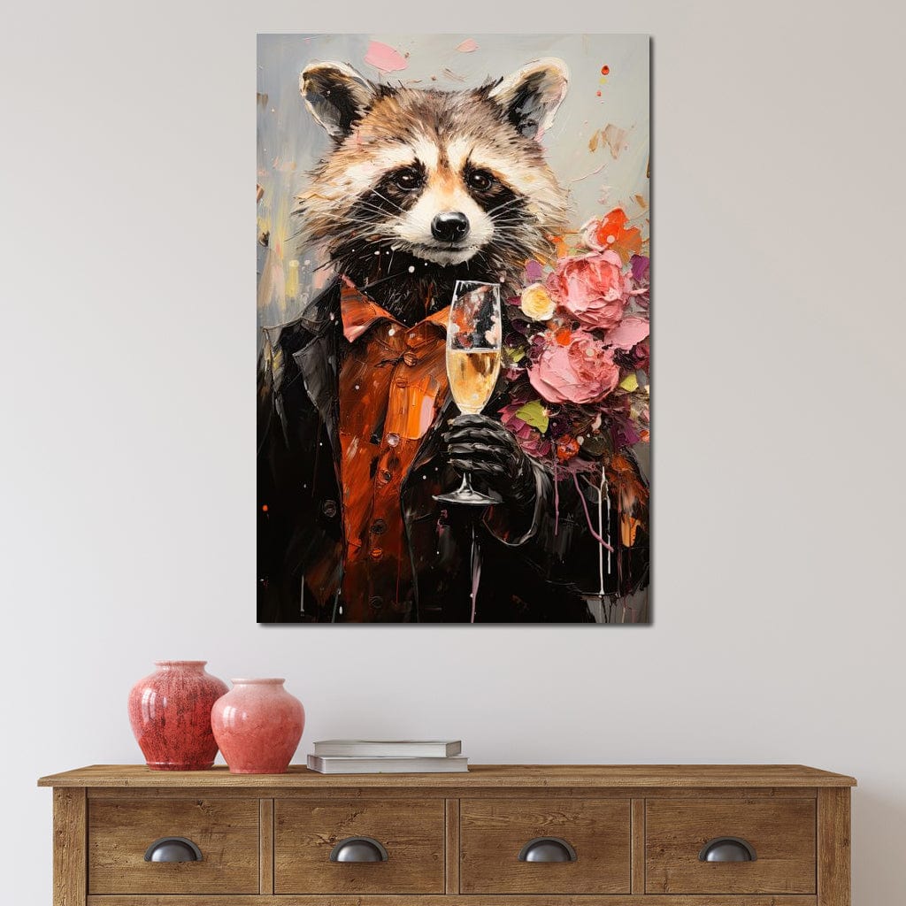 tablou canvas cu un raton imbracat in costum elegant, cu un pahar de sampanie si un buchet de flori pe umar, pe fundal abstract