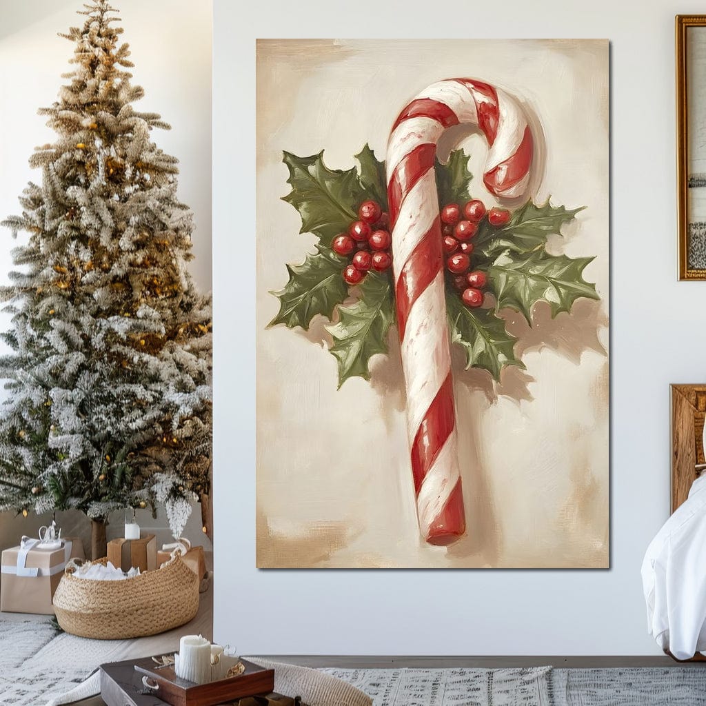 Tablou Canvas Premium, LuxCanva® D1085, Acadea Festiva, Candy, Bomboane, Baston, Dulceata, Rosu, Alb, Zahar, Bobite, Frunze, Iarna, Copilarie, Cadouri, Daruit, Emotie, Camera Copil, Living, Dormitor