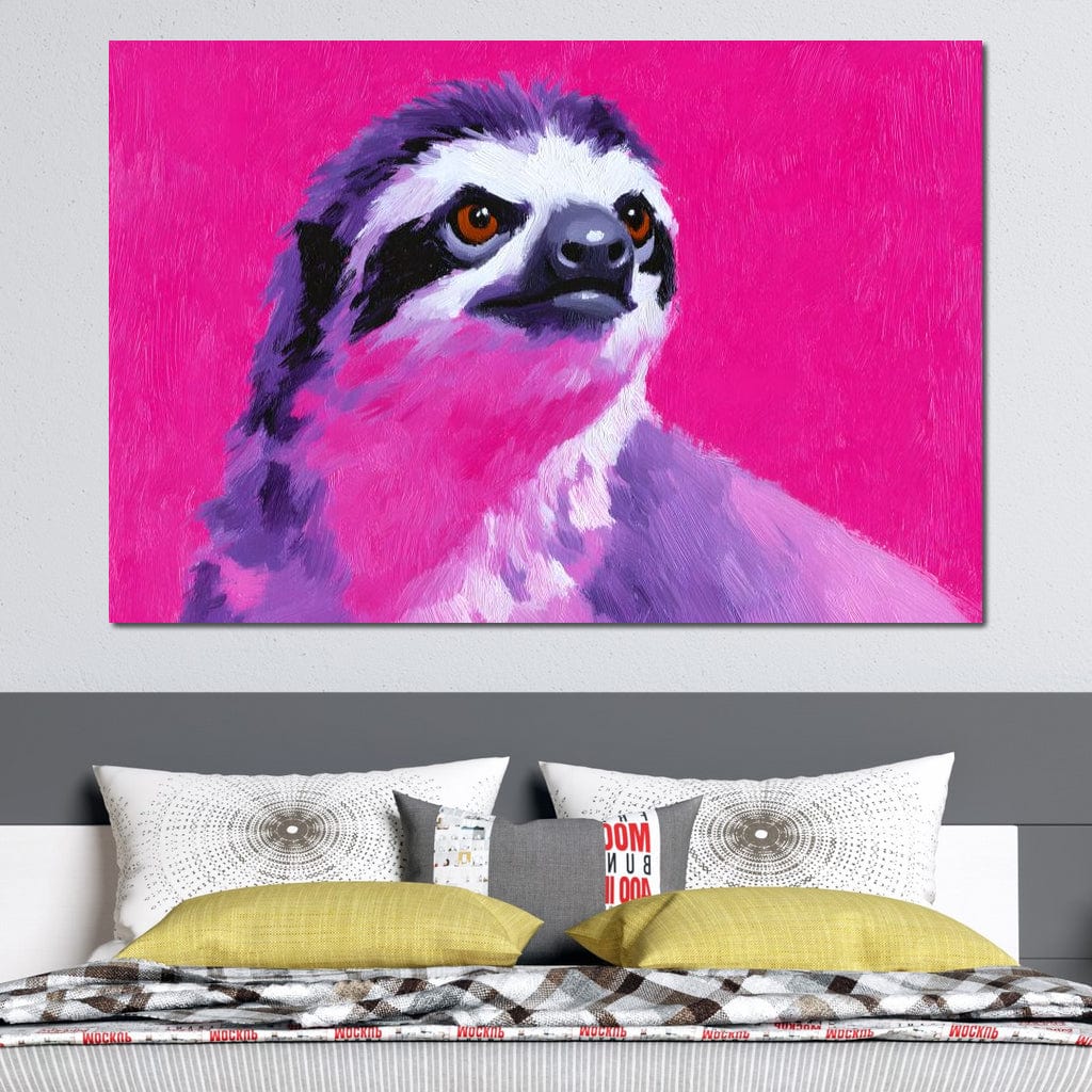 tablou canvas cu un lenes pictat in nuante vibrante, pe fundal roz neon